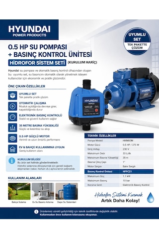 Hyundai 0.5 Hp Su Pompası + Basınç Kontrol Ünitesi Seti Hidrofor Sistemi Kurulum Hariç