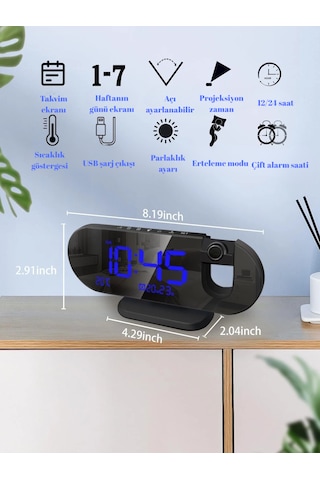 Çok Foksiyonlu Led Projeksiyonlu Dijital Alarm Saati Sıcaklık Nem Göstergeli Usb Şarj 180 Dönen Siyah