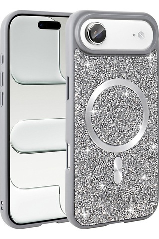 Apple Uyumlu iPhone 17 Air Kılıf Pırlanta Tasarımlı M-safe Şarj Özellikli Mkst Mozaik Silikon Kapak - Titanyum-gr Gri