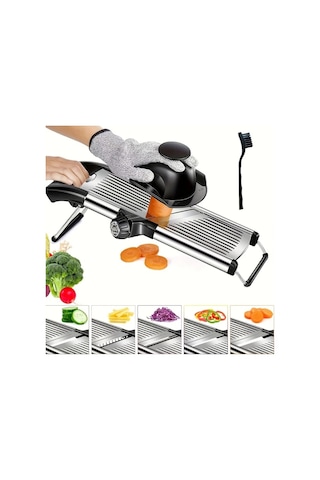 Dashanshop Paslanmaz Çelik Sebze Ve Patates Dilimleyici Fırça Ve Eldivenli 5 Ayarlı Bıçak Profesyonel Mandolin Rende Mutfak Aksesuarı 1 Parça