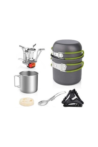 Createtech Yeşil Tencere Tava Sırt Seti, Paslanmaz Çelik Katlanabilir Çatal Kaşık İle Açık Hava Pişirme Çantası Kp Yeşil