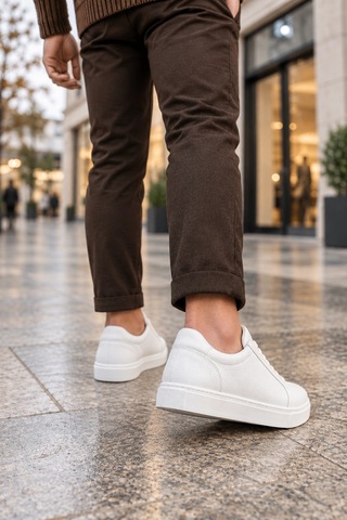 Mevese Etile Bağcıklı Cilt Erkek Günlük Sneaker Ayakkabı - Beyaz