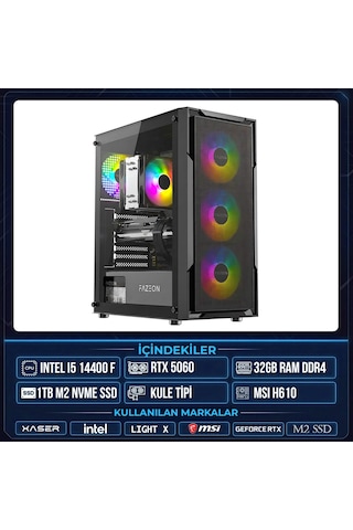 Xaser LIGHT X70 i5-14400F 32 GB 1 TB M.2 NVMe SSD 8 GB RTX5060 Free Dos Masaüstü Oyuncu Bilgisayarı