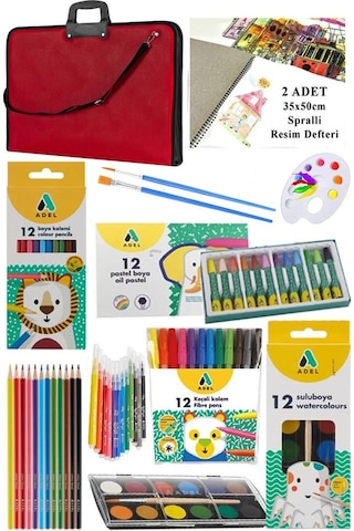 Öğrenci Boyama Seti 10 Parça 1 Paket 35x50 Resim Çantası Resim Defter Adel Sulu Boya Kuru Boya Pastel Boya Keçeli Kalem