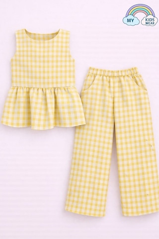 My Kids Wear Kız Çocuk Pötikareli Peplum Bluz Ve Pantolon Takımı 12690 Sarı