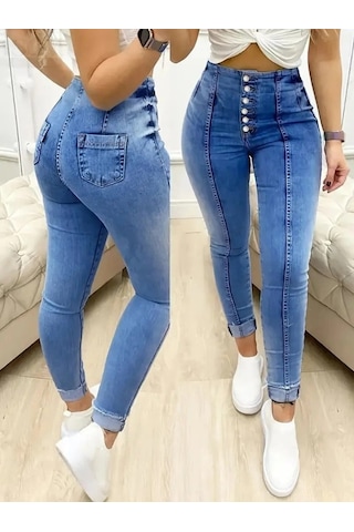 Valensdesign Kadın Yüksek Bel Önden Düğmeli Jean Pantolon Lacivert
