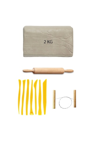 Beyaz Seramik Hamuru 2 Kg Plastik Ebeşuar Seti Kil Seti Seramik Kili Ahşap Merdane Çamur Kesme Teli