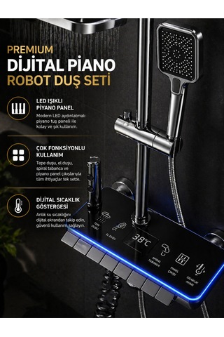 Premium Lüx Dijital Duş Sistemi Led Işıklı Basınç Ayarlamalı Çok Fonksiyonlu Piyano Robot Duş Seti Siyah