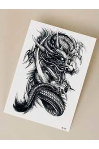 Cool Dragon Geçici Dövme Çıkartması - Kol, Bacak Ve Omuz İçin Büyük Boy Su Geçirmez Tattoo Siyah