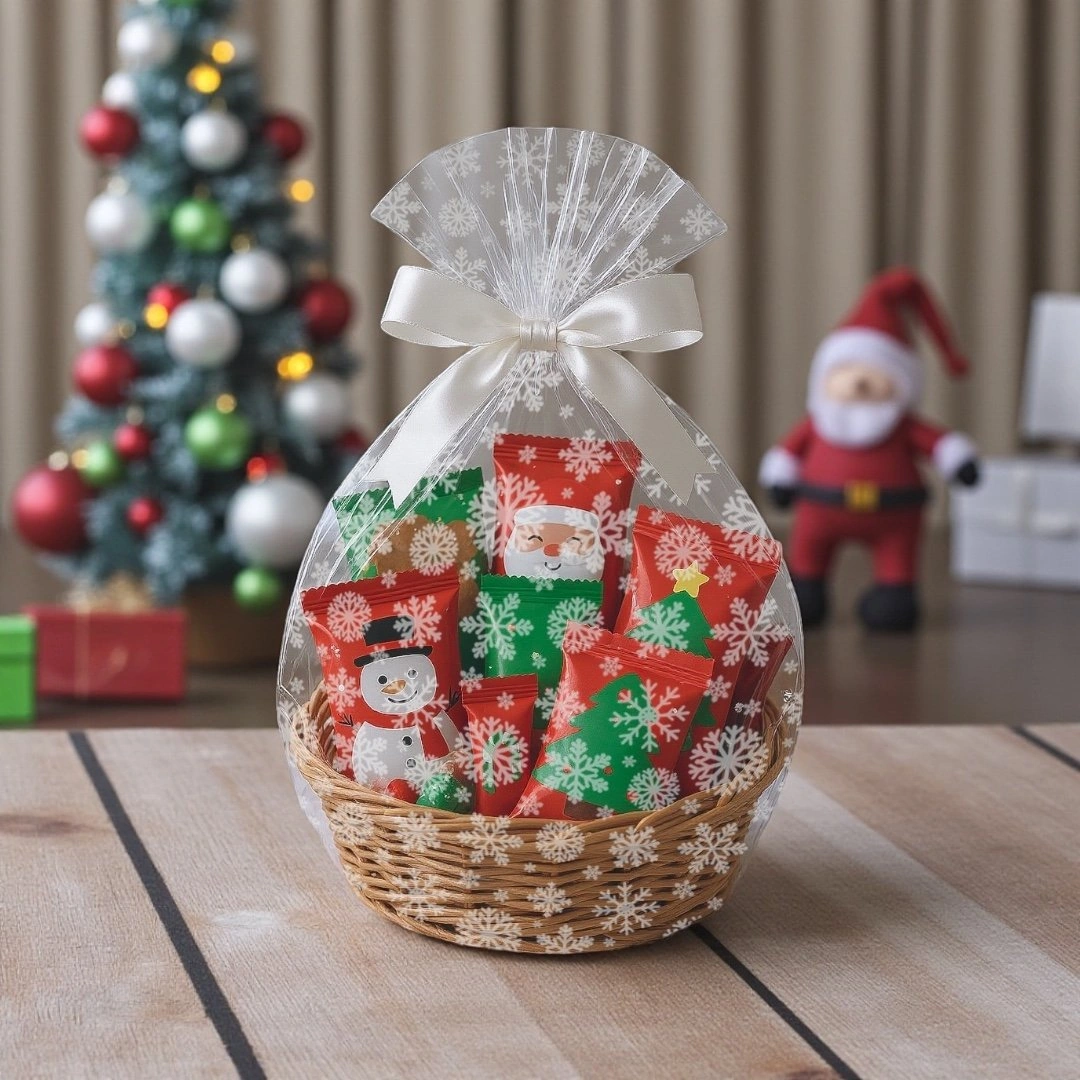 Yılbaşı Kar Tanesi Desenli Opp Şeffaf Rulo Jelatin, Çiçek & Hediye Paketleme, 20 Mikron-1metre X50m