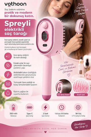 Elektrikli Spreyli Saç Tarağı 300 Mah Type C Şarjlı İnce Spreyli Antistatik Bakım Fırçası