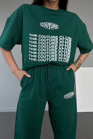 Couture Club T-shirt Eşofman Altı Jogger- Yeşil Baskılı Alt Üst Eşofman Takım Oversize Bisiklet Yak Yeşil
