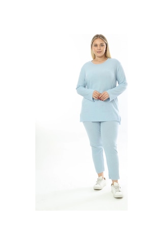 Modasehle Büyük Beden Uzun Kollu Yüksek Bel Beli Lastikli Yırtmaçlı İnce Pijama Takım Uzun-mavi