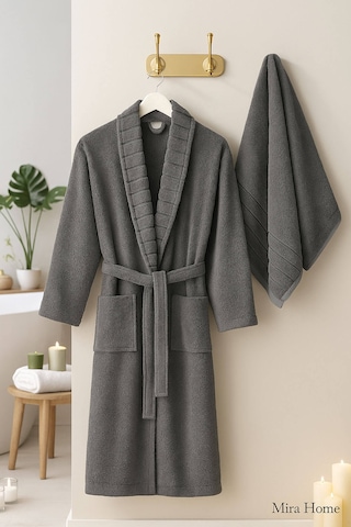 4 Parça Soft Elegance Banyo Aile Bornoz Seti %100 Pamuklu Antrasit