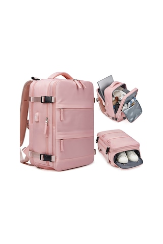 Su Geçirmez 16" İnç 30l Ayakkabı Bölmeli Seyahat Sırt Çantası - Laptop Bölmeli, Usb Şarj Girişli Pembe