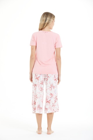 Lılac Kadın Çiçek Desenli %100 Viscon Capri Pijama Takımı Beyaz - Pembe