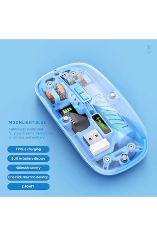 Şeffaf Mouse Kablosuz Mouse Fare Şarjlı Bluetooth Wireless Çift Modlu Sessiz 5 Tuşlu Dpı Kontrol Rb