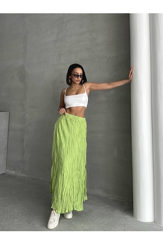 Kadın Buruşuk Modal Dokulu Soft Uzun Etek Açık Yeşil