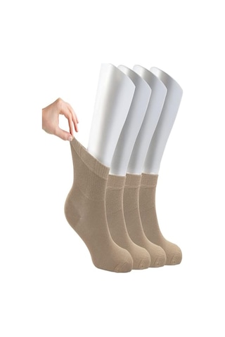 Ozzy Socks Kadın 4 Çift Bambu Lastiksiz Sıkmayan Diabetik Bilek Çorap Bej