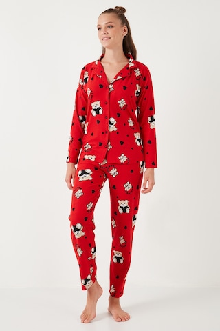 Lela Streç Standart Fit Desenli Bayan Pijama Takımı 60956602 Kırmızı