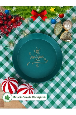 Yeşil Yılbaşı Sunum Tepsi 24 Cm, Servis Tepsisi, Kahve Tepsisi, Happy New Year Baskılı