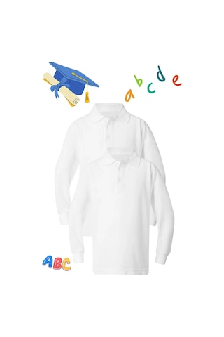 2 Adet Unisex Çocuk Uzun Kol Polo Yaka Beyaz Okul T-shirt Beyaz