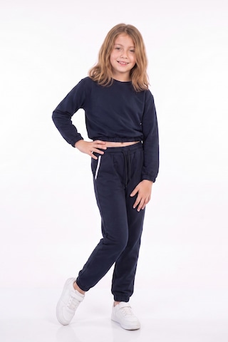 Panios Kids 2'li Yuvarlak Yakalı Beli Lastikli Crop Kesim 4 Parça Kız Çocuk Alt Üst Eşofman Takımı Gri - Lacivert