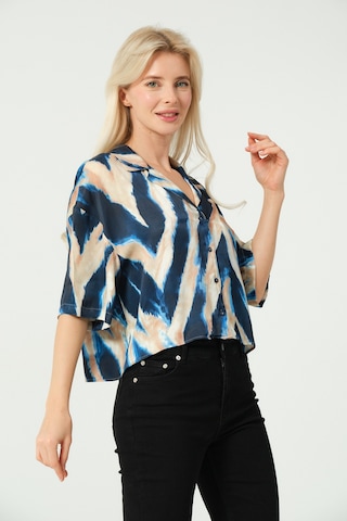 Saten V Yaka Crop Gömlek Multi Lacivert