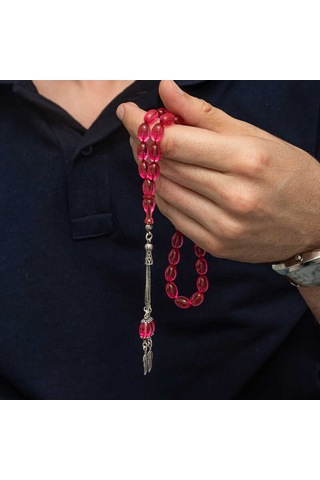 Gümüş Püsküllü Pembe Ateş Kehribar Tesbih Sl12273 Gümüş