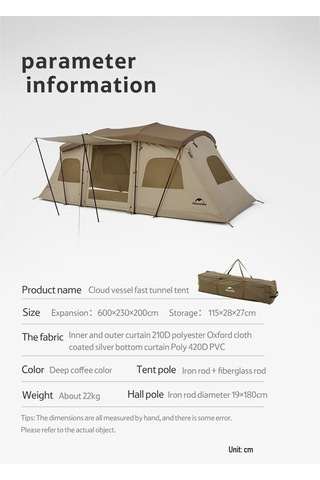 Naturehike Glamping Cloud Vessel 4 Kişilik Hızlı Kurulum Tünel Çadır Haki
