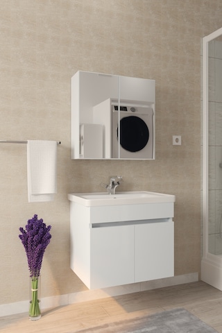 Tokyo 65 Cm Banyo Dolabı Takımı Aynalı Mdf Gövde Seramik Lavabolu