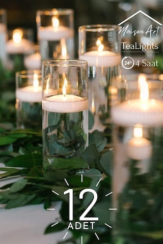Float Beyaz 12 Adet Yüzen Mum 4 Saat Yanan Tea Light Mum Kokusuz Terapi Mumu