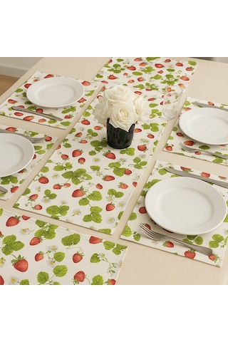 Çilek Desenli Masa Runner 40x110 Cm Ve Amerikan Servis Seti 6 Kişilik Çok Renkli