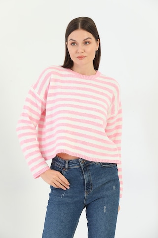 Youknitwear You Angora Çizgili Kazak Pembe
