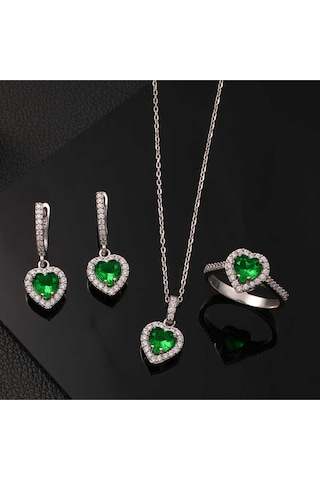 Casera's Gümüş Yeşil Taşlı Kalpli Kadın Set Csr2185191 Gümüş