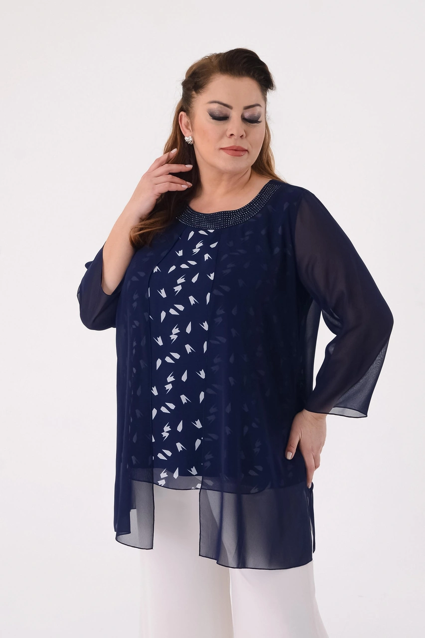 Lilas Xxl Büyük Beden Lacivert Renkli Desenli Şifon Abiye Bluz Lacivert