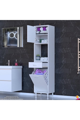 Eliusta Seris Sepetli Ve Çekmeceli Banyo Dolabı G:50 Cm Çok Amaçlı Beyaz Düzenleyici 50x173x32,5 Cm Dolap Beyaz