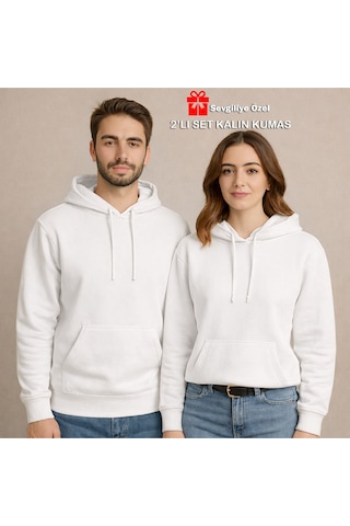 Nevermind Sevgili Çift Kombin Hoodie Geyik Baskılı Oversize Kapüşonlu Sweat Beyaz