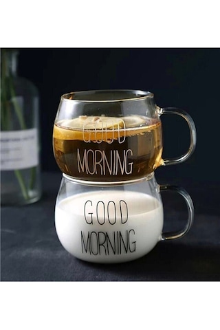 1 Li Good Morning Günaydın 400 Ml Borosilikat Cam Kupa Şeffaf