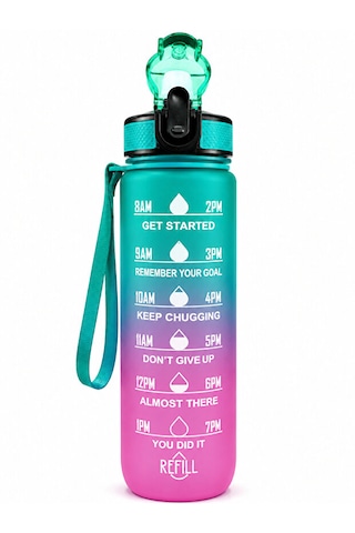 900 Ml Motivasyon Matarası Sızdırmaz, Kilitli, Silikon Uçlu, Taşıma Askılı, Geniş Ağızlı Su Matarası Turkuaz