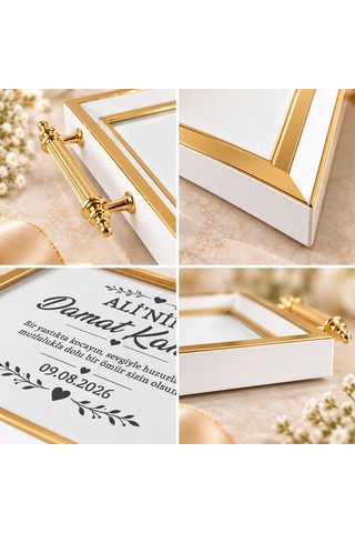 Bk Gift Kişiye Özel Beyaz&gold Söz Nişan Tepsisi-1 - 39x23 Cm Çok Renkli