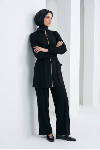 Armine Trend Boydan Fermuarlı Beli Kemerli Pantolonlu İkili Takım Siyah 26yt6138