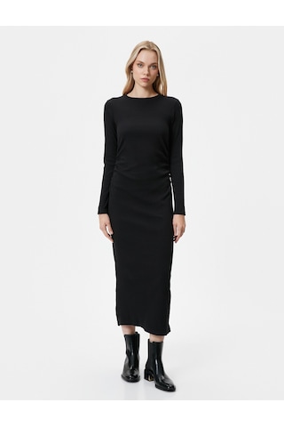 Koton Midi Elbise Bisiklet Yaka Uzun Kollu Slim Fit Siyah 4wak80399ek 4WAK80399EK999