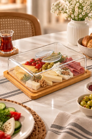 Bambu Kapaklı Sunumluk Şeffaf Kapaklı Peynirlik, Kahvaltılık Ve Kek Fanusu Bej