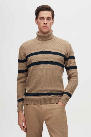 D's Damat Regular Fit Camel Çizgili Tüylenme Yapmayan Tam Balıkçı Yaka Erkek Triko Kazak 3HC0618ORTCKZK - Camel