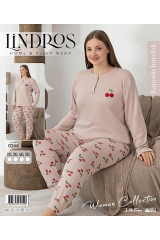 Boyraz Lindros Kadın Düğme Yaka Raporlu İnterlok Kışlık Battal Pijama Takımı 0268 - 1 Adet Pudra