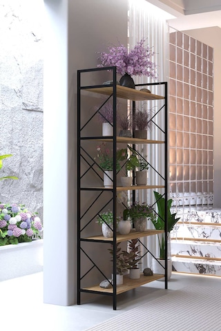 Manolya 5 Raflı Metal Çiçeklik 180x90 Cm Dekoratif Bitki Standı Çok Amaçlı Kitaplık Salon Balkon Ofis Raf Ünitesi Atlantik Çam