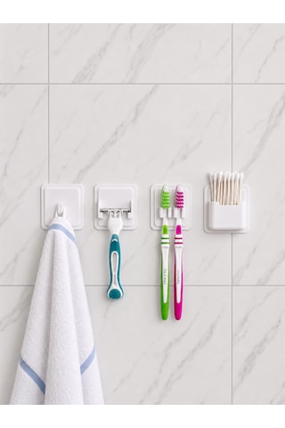 4'lü Banyo Organizer Seti - Havlu Askısı, Traş Askısı, Diş Fırçası Askısı Ve Kulak Çubuğu Askısı Beyaz
