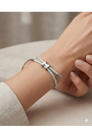 Unisex H Model Silver Renk Çelik Detay Su Yeşili İp Bileklik