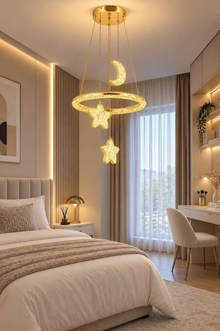 Modern Premium Gold Ay Yıldız 3 Renkli Ledli Sarkıt Avizesi Çocuk Genç Bebek Odası Modelleri 84w Beyaz
